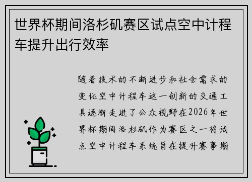 世界杯期间洛杉矶赛区试点空中计程车提升出行效率